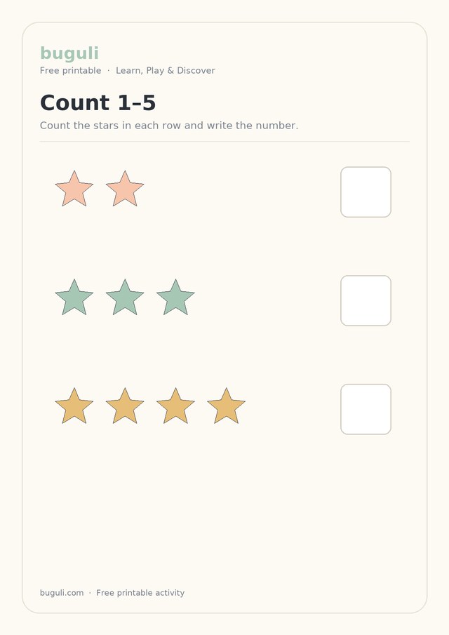 Preview of the Count 1–5 printable worksheet for Early Maths